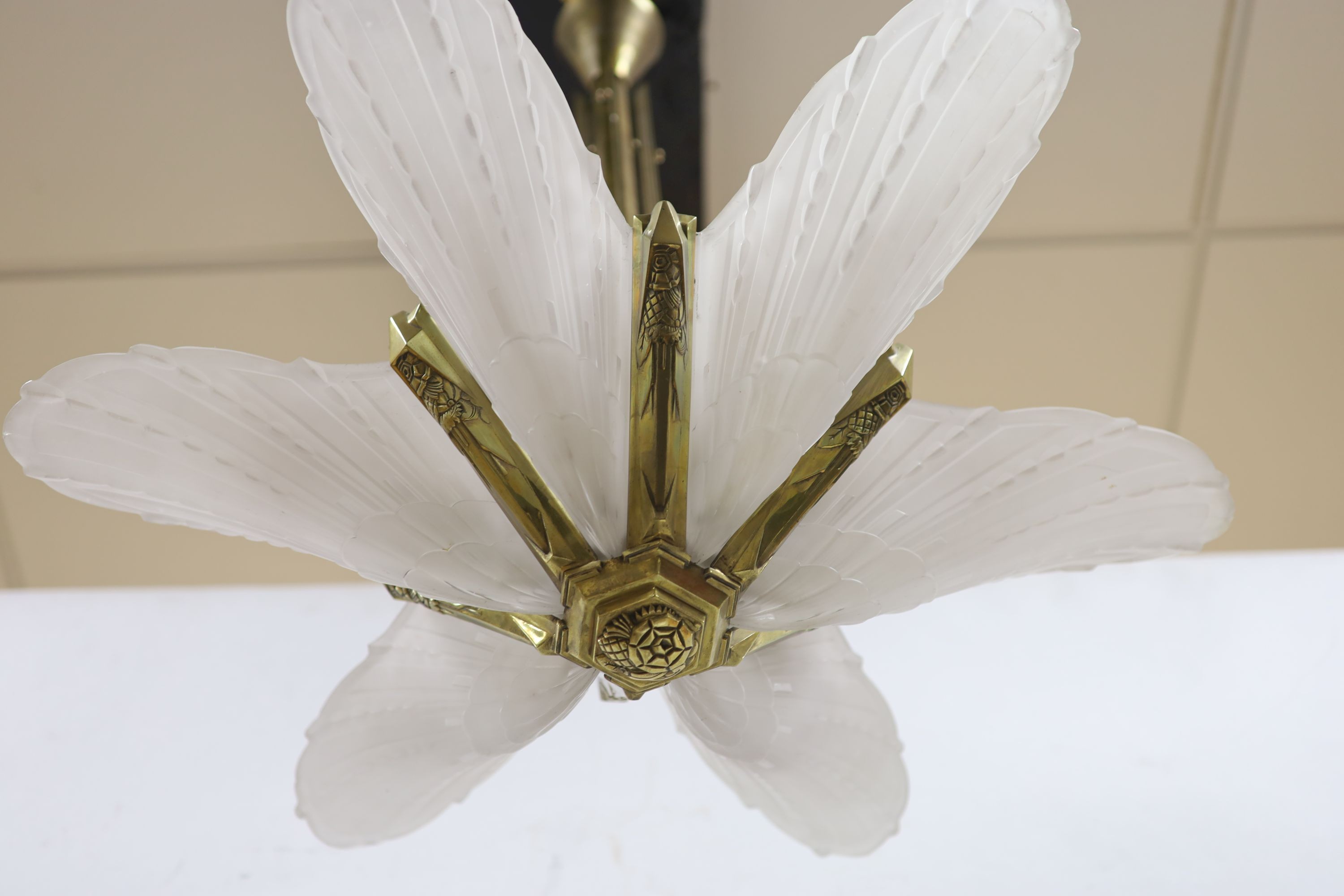 An Art Deco style large frosted glass and brass handing ceiling light 80cm drop
